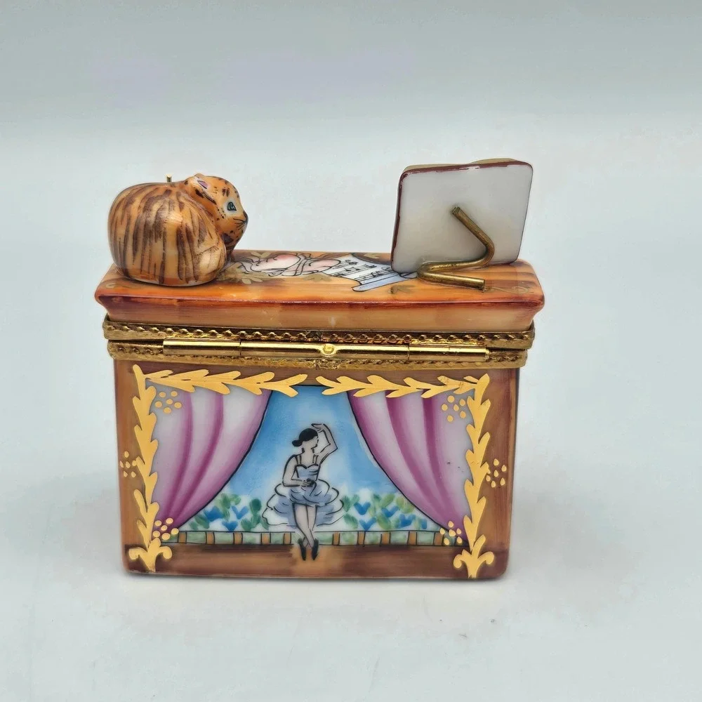 Vintage Limoges Trinket Box Piano‎ Cat Candelabra Ballerina La Gloriette Painted
